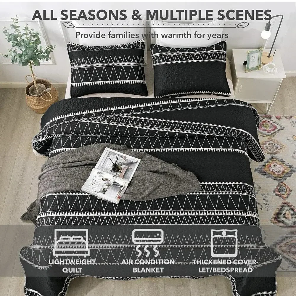 Boho Stitched Black King Quilt 3-Pc Set Bedding Comforter Duvet All Seasons